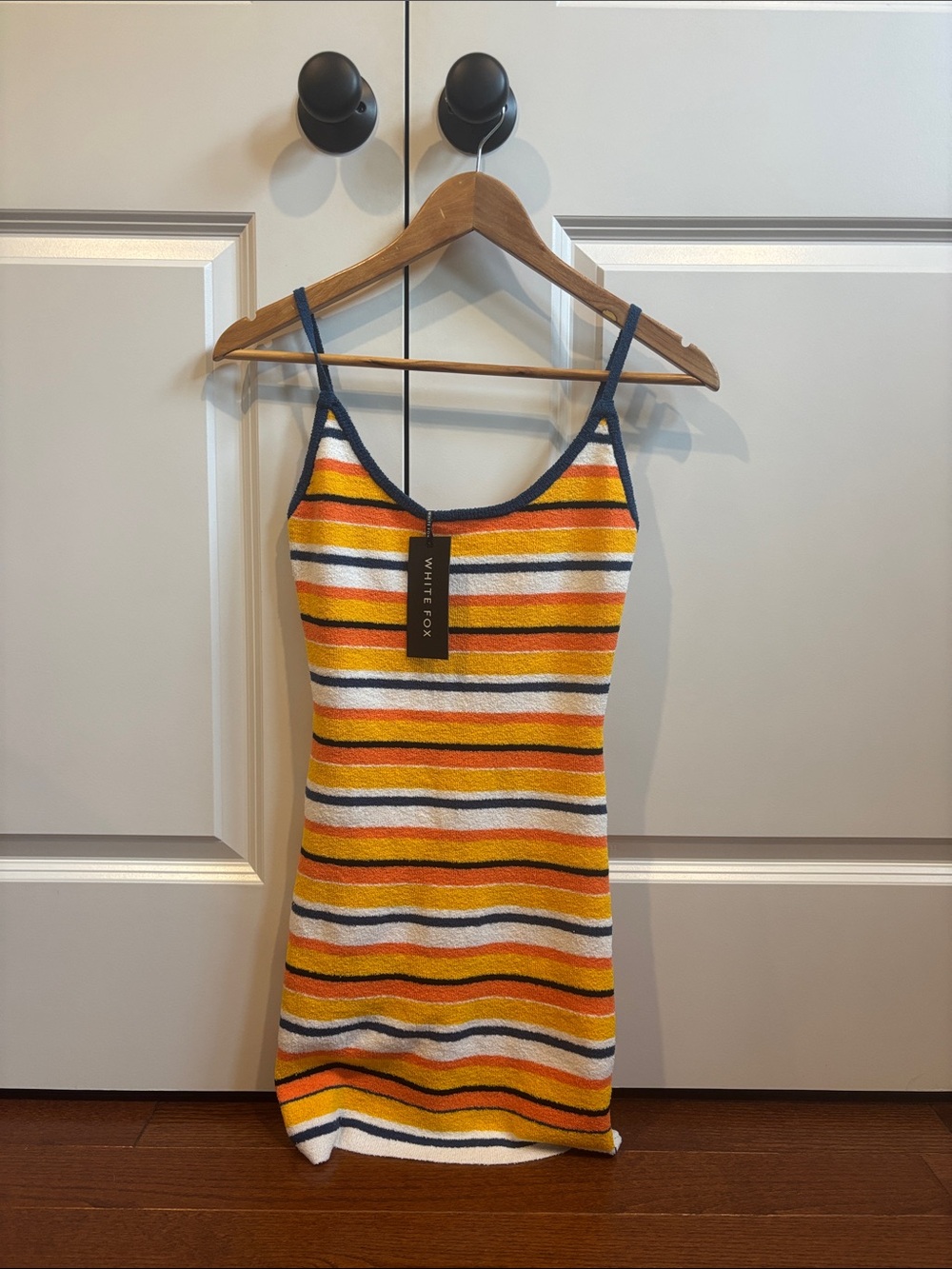 White Fox Boutique Striped Knit Tank Dress in Yellow, White & Navy